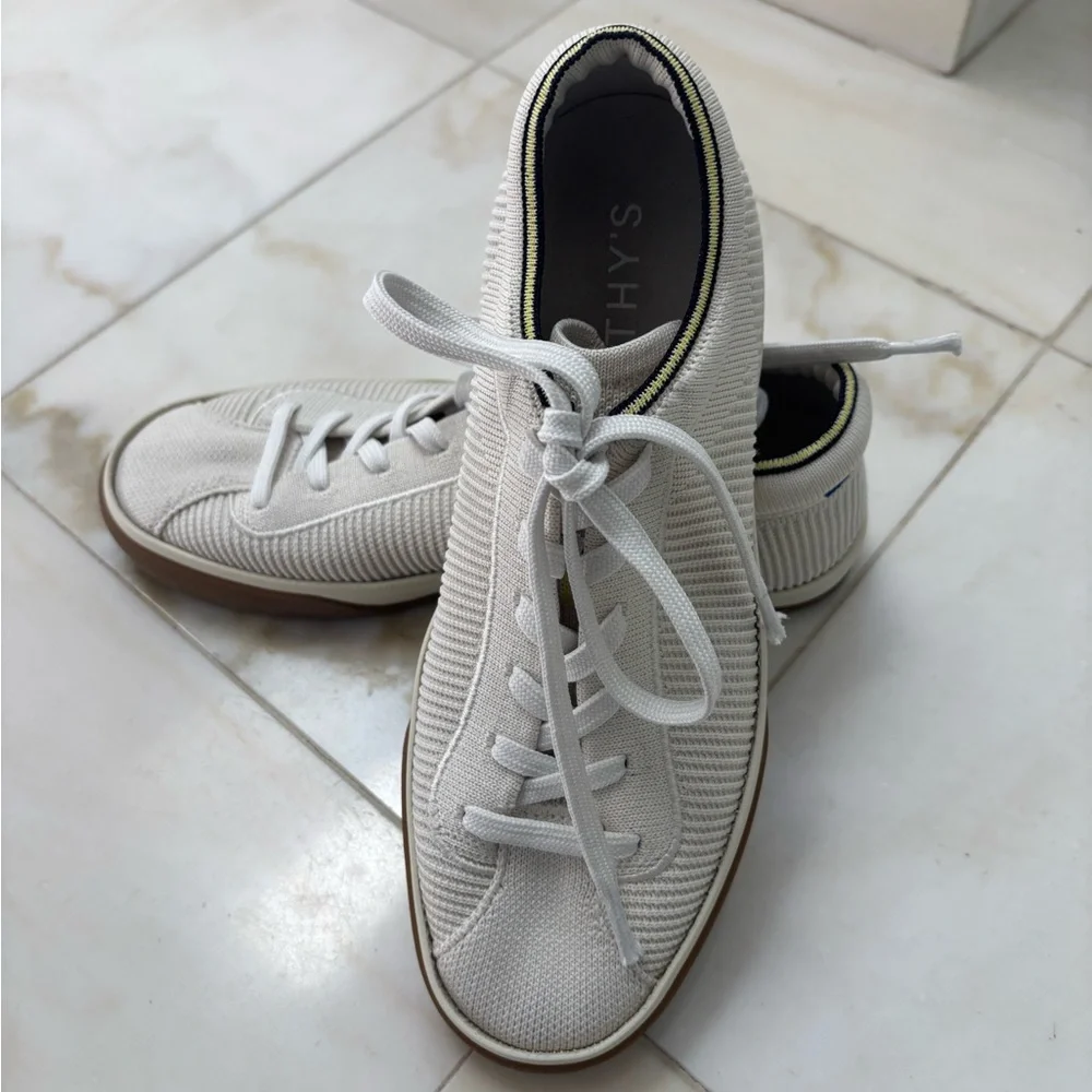 Rothy's Cream Knit Lace-Up Sneakers with Gum-Style Sole and Navy Accent